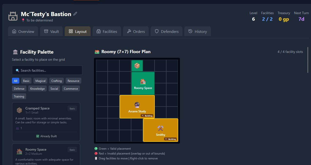 Mc'Testy's Bastion at Level 6 — Layout tab showing the 7x7 floor plan with Roomy Space, Arcane Study, and Smithy facilities placed on the grid.