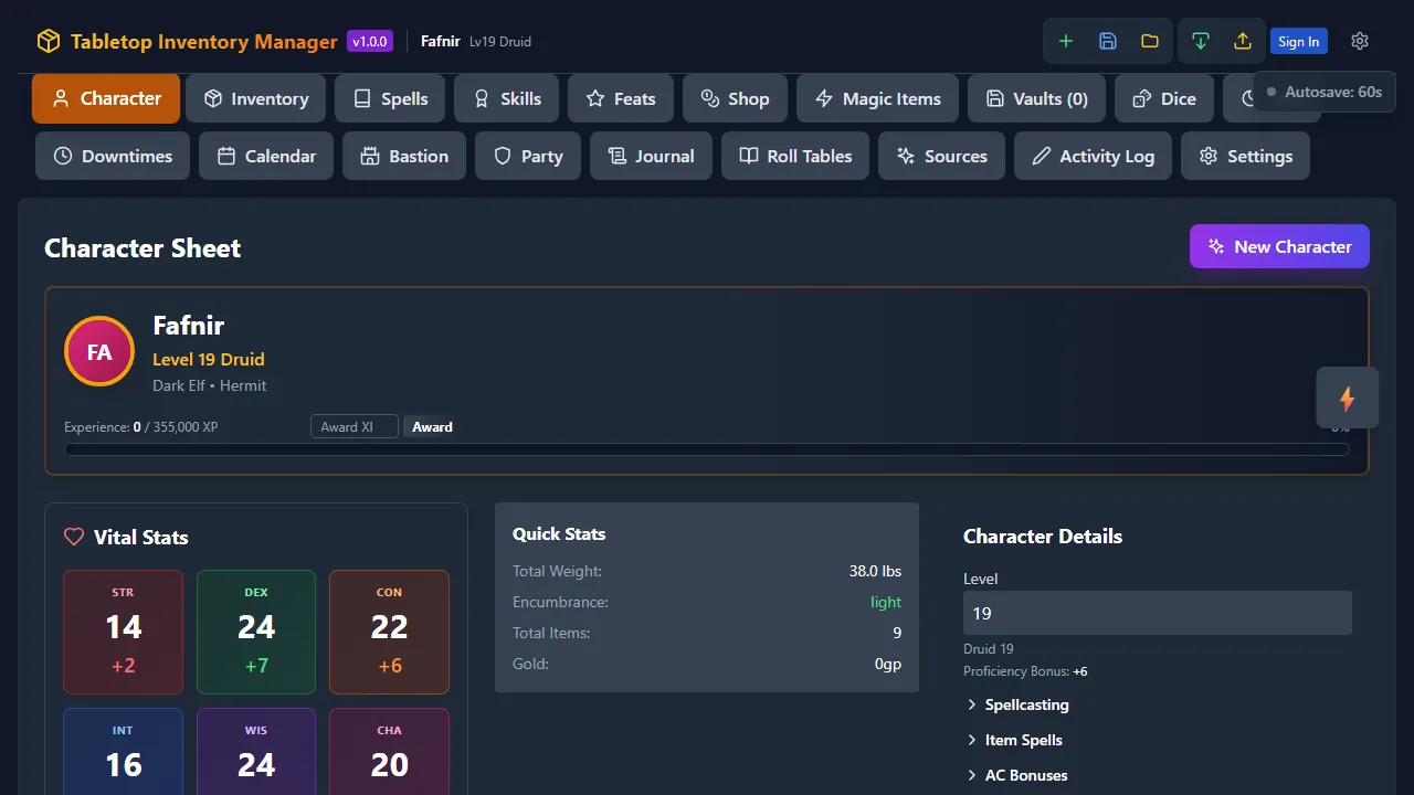 The character sheet with ability scores, skills, saving throws, and stats.