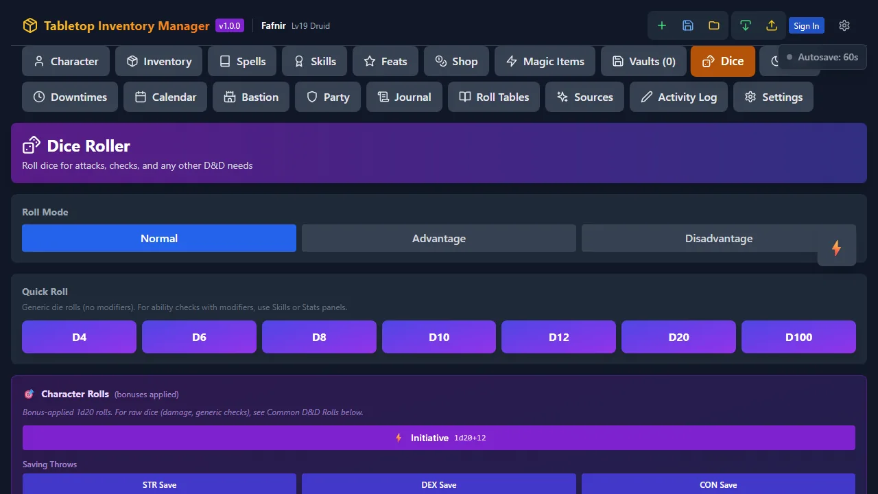 The dice tab with character-specific roll buttons and bonuses.