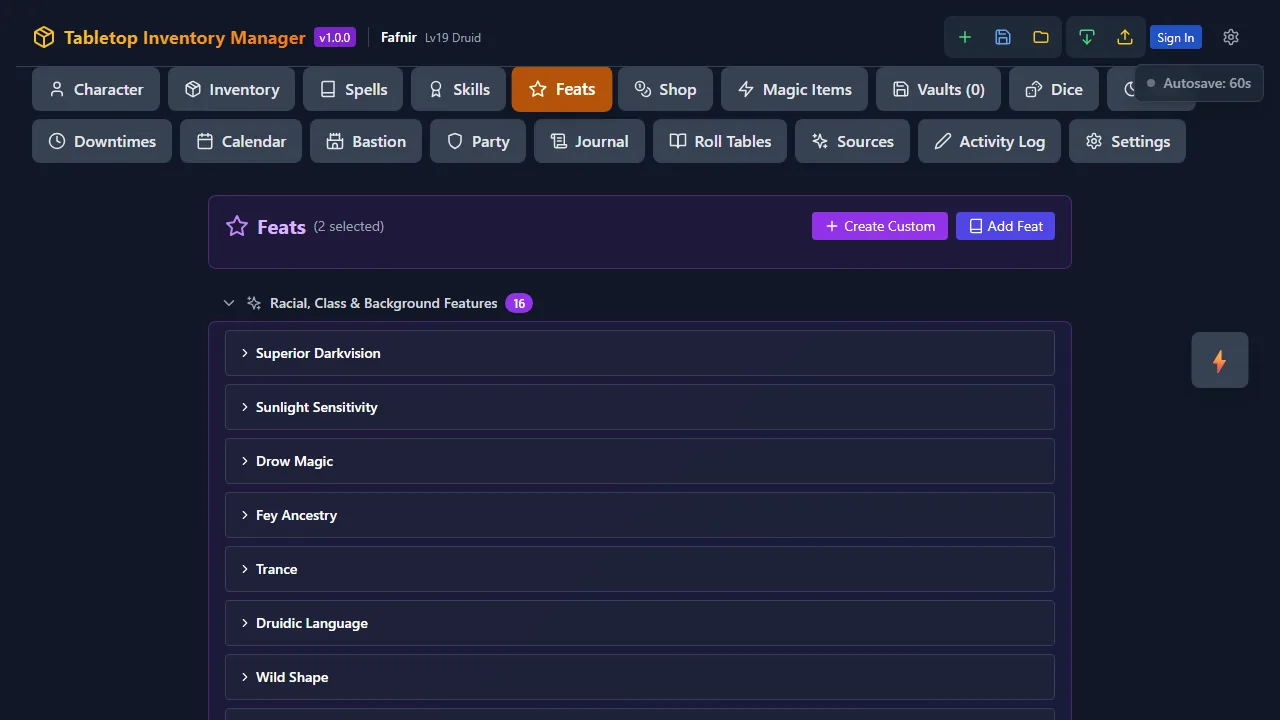 The feats panel showing active feat effects and bonuses.