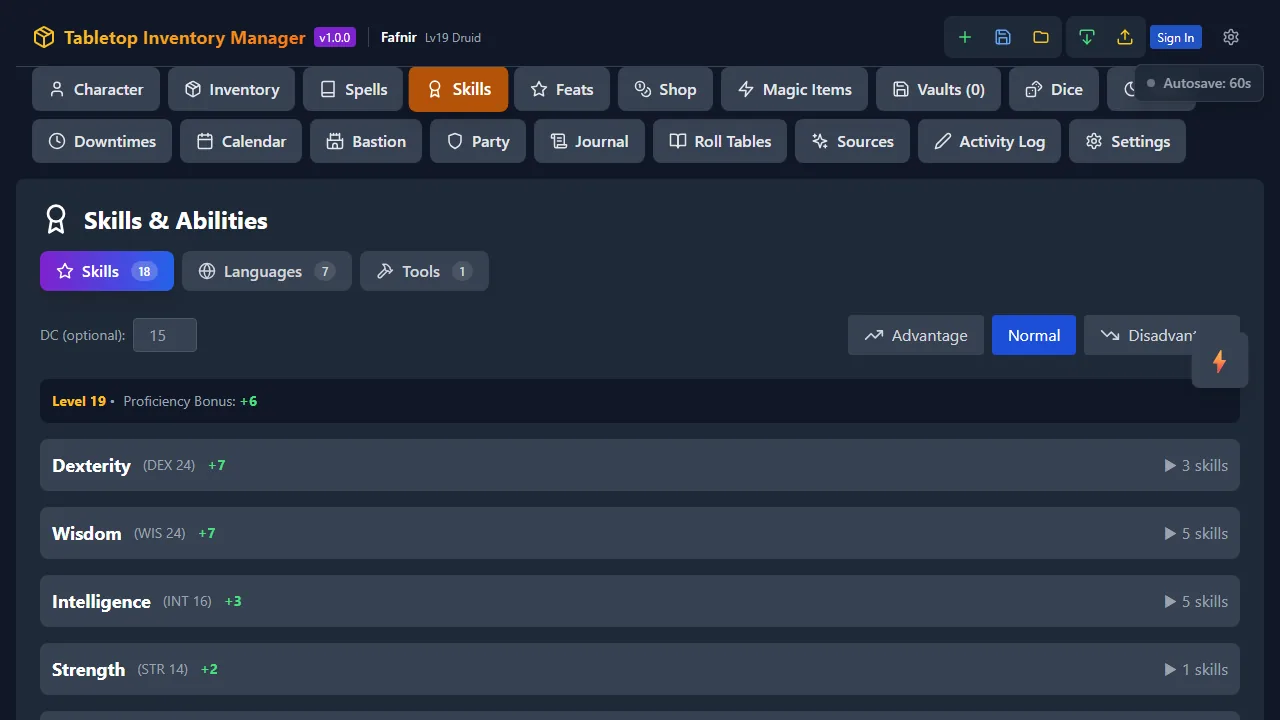 The skills tab with proficiency bonuses and roll buttons.