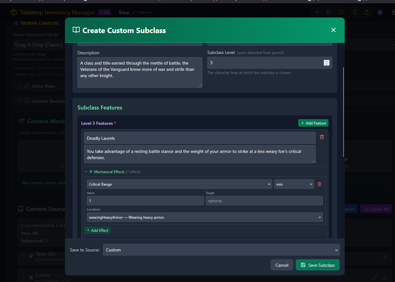 The Custom Subclass creator dialog — features, level slots, mechanical effects with conditions like wearingHeavyArmor.