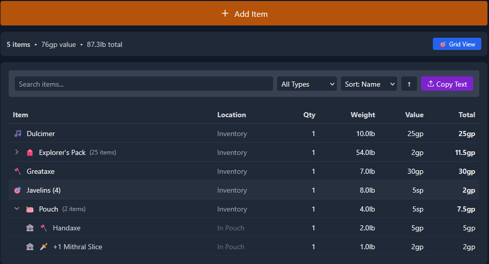 The same inventory shown as a sortable table — items grouped by container, with quantity, weight, and value columns.