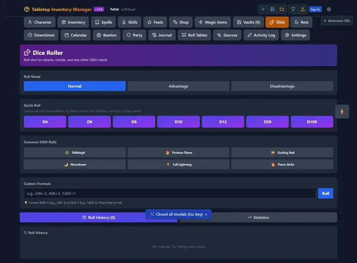 Dice rolls on a mobile phone — character-aware bonuses applied.