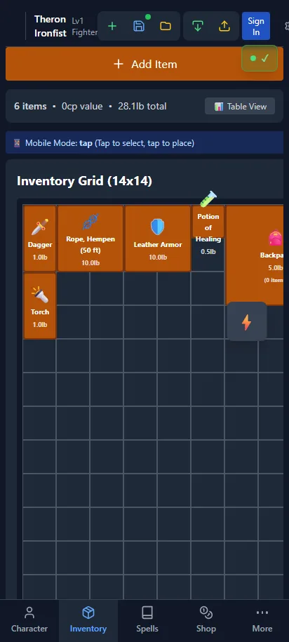 The inventory grid on a mobile phone.